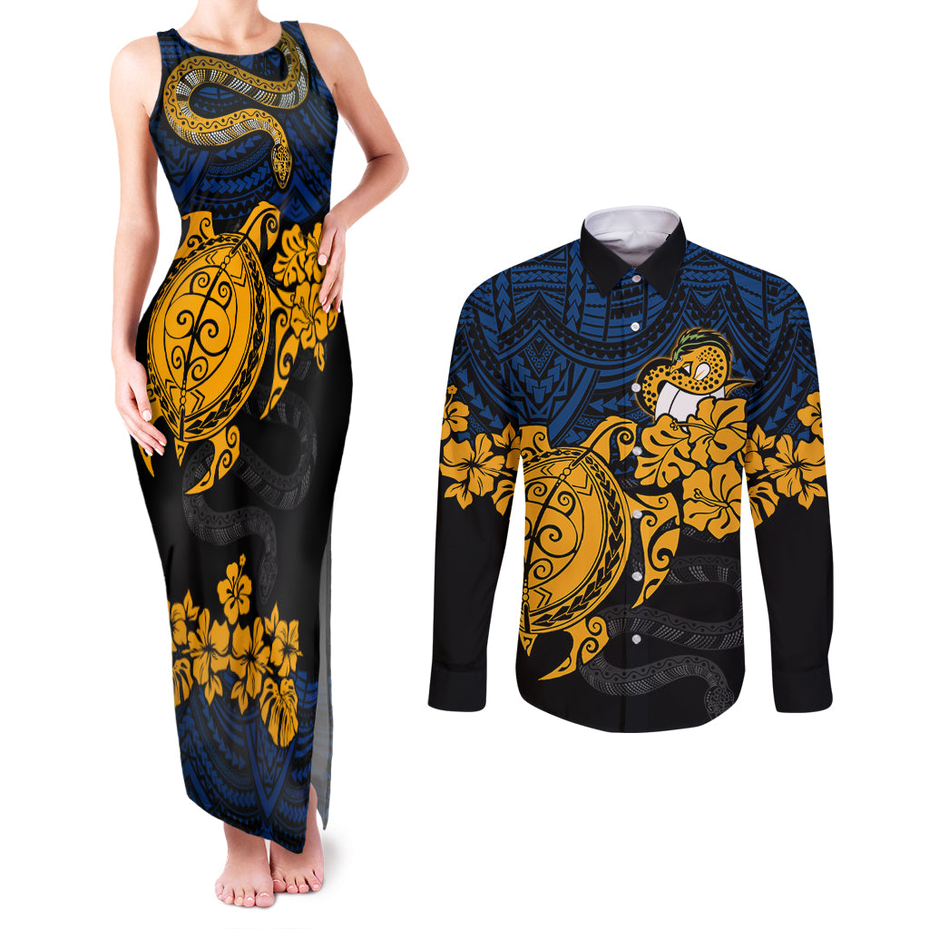 custom-parra-eels-rugby-couples-matching-tank-maxi-dress-and-long-sleeve-button-shirt-hibiscus-and-turtle-with-polynesian-pattern