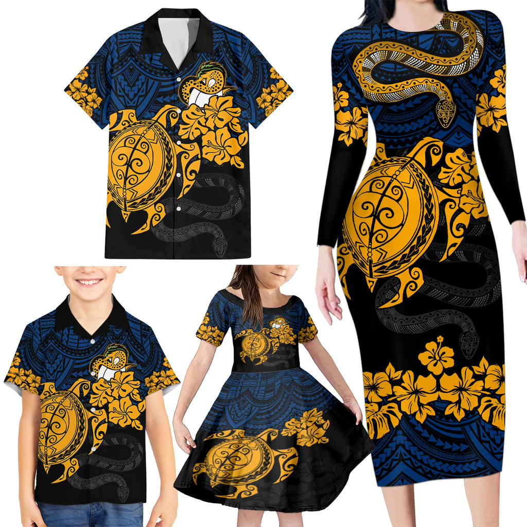 custom-parra-eels-rugby-family-matching-long-sleeve-bodycon-dress-and-hawaiian-shirt-hibiscus-and-turtle-with-polynesian-pattern