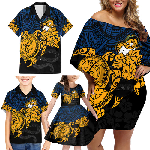 custom-parra-eels-rugby-family-matching-off-shoulder-short-dress-and-hawaiian-shirt-hibiscus-and-turtle-with-polynesian-pattern