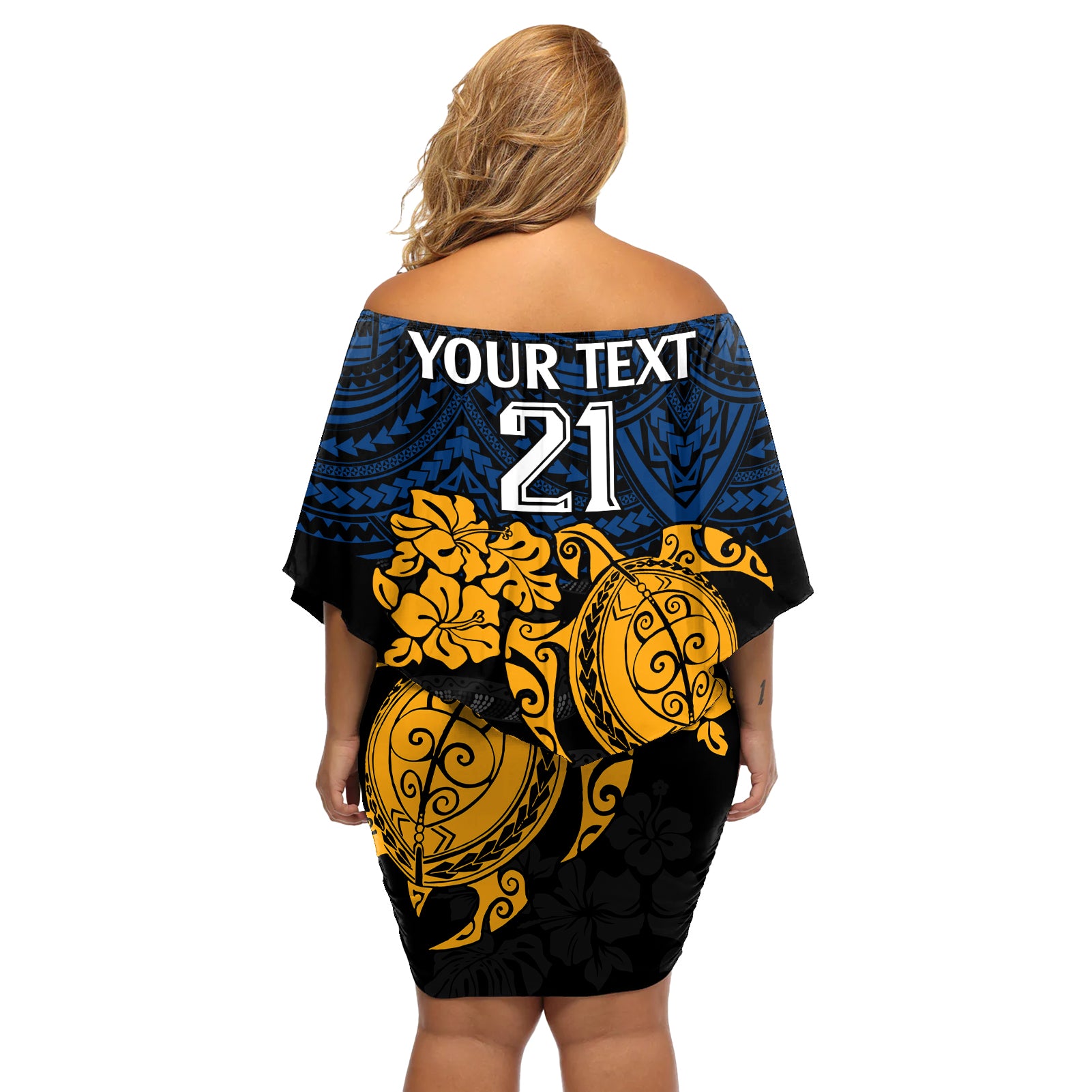 custom-parra-eels-rugby-off-shoulder-short-dress-hibiscus-and-turtle-with-polynesian-pattern