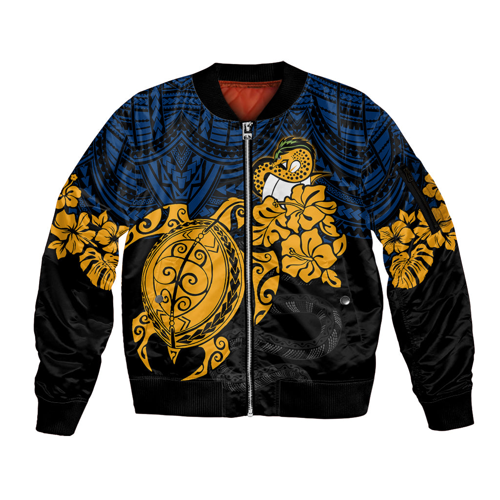 custom-parra-eels-rugby-sleeve-zip-bomber-jacket-hibiscus-and-turtle-with-polynesian-pattern