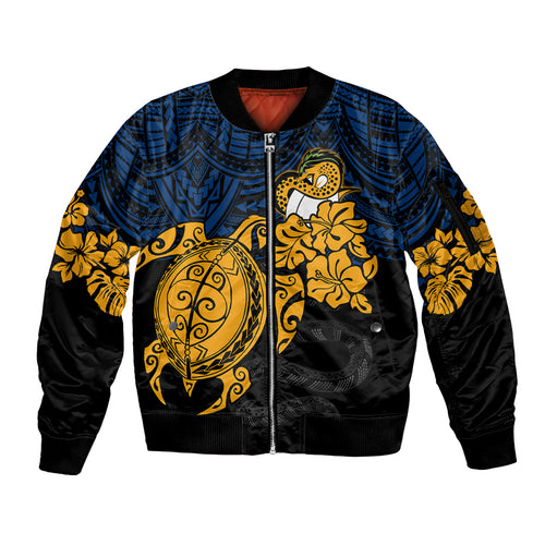 custom-parra-eels-rugby-sleeve-zip-bomber-jacket-hibiscus-and-turtle-with-polynesian-pattern