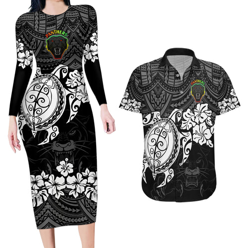 custom-panthers-rugby-couples-matching-long-sleeve-bodycon-dress-and-hawaiian-shirt-penrith-hibiscus-and-turtle-with-polynesian-pattern