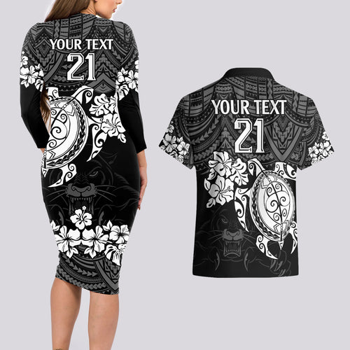 custom-panthers-rugby-couples-matching-long-sleeve-bodycon-dress-and-hawaiian-shirt-penrith-hibiscus-and-turtle-with-polynesian-pattern