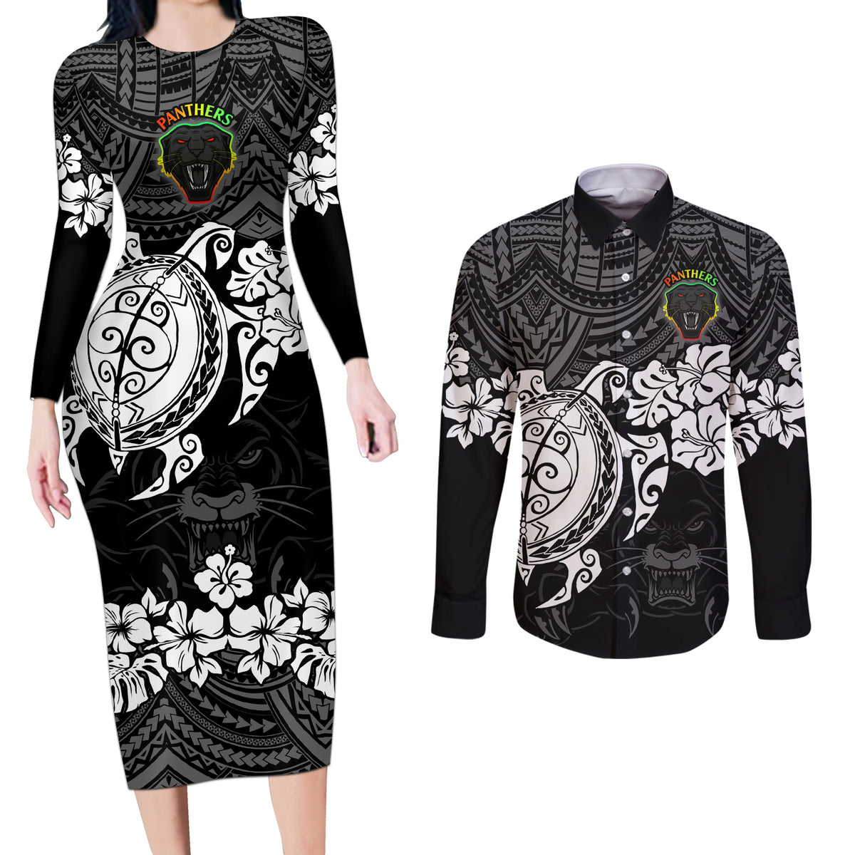 custom-panthers-rugby-couples-matching-long-sleeve-bodycon-dress-and-long-sleeve-button-shirt-penrith-hibiscus-and-turtle-with-polynesian-pattern