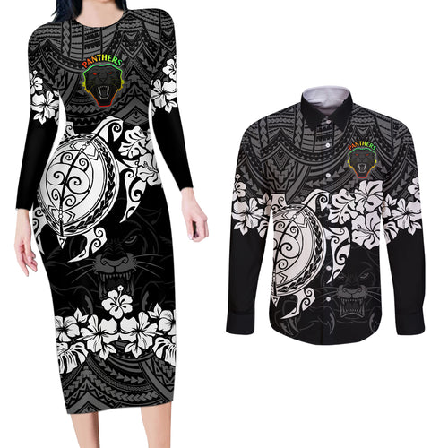 custom-panthers-rugby-couples-matching-long-sleeve-bodycon-dress-and-long-sleeve-button-shirt-penrith-hibiscus-and-turtle-with-polynesian-pattern