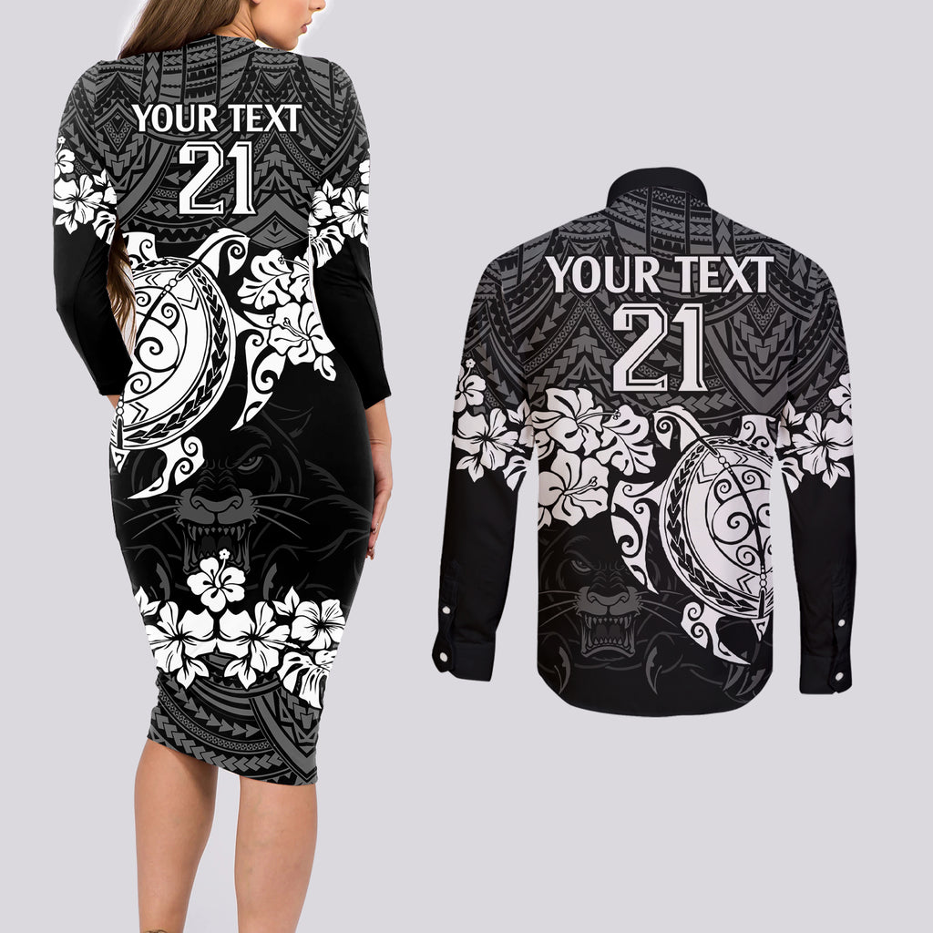 custom-panthers-rugby-couples-matching-long-sleeve-bodycon-dress-and-long-sleeve-button-shirt-penrith-hibiscus-and-turtle-with-polynesian-pattern