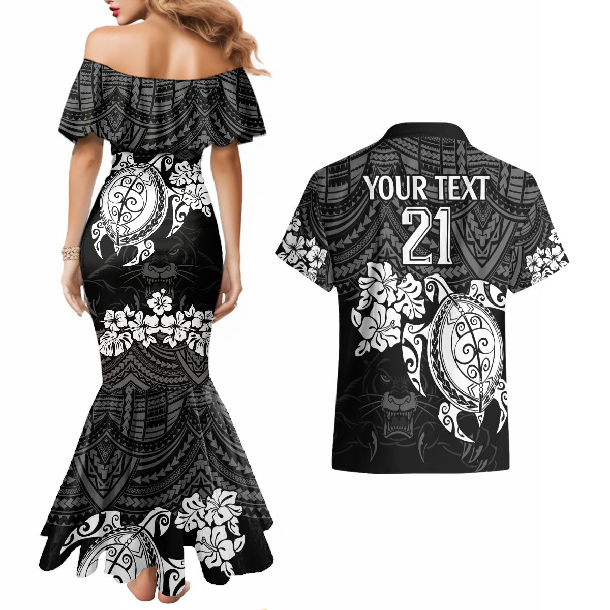 custom-panthers-rugby-couples-matching-mermaid-dress-and-hawaiian-shirt-penrith-hibiscus-and-turtle-with-polynesian-pattern