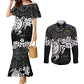 custom-panthers-rugby-couples-matching-mermaid-dress-and-long-sleeve-button-shirt-penrith-hibiscus-and-turtle-with-polynesian-pattern