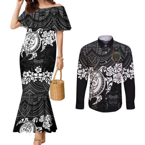 custom-panthers-rugby-couples-matching-mermaid-dress-and-long-sleeve-button-shirt-penrith-hibiscus-and-turtle-with-polynesian-pattern