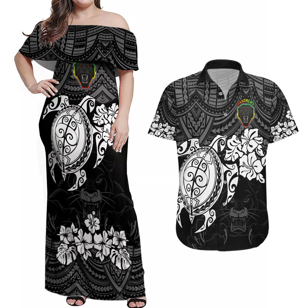 custom-panthers-rugby-couples-matching-off-shoulder-maxi-dress-and-hawaiian-shirt-penrith-hibiscus-and-turtle-with-polynesian-pattern