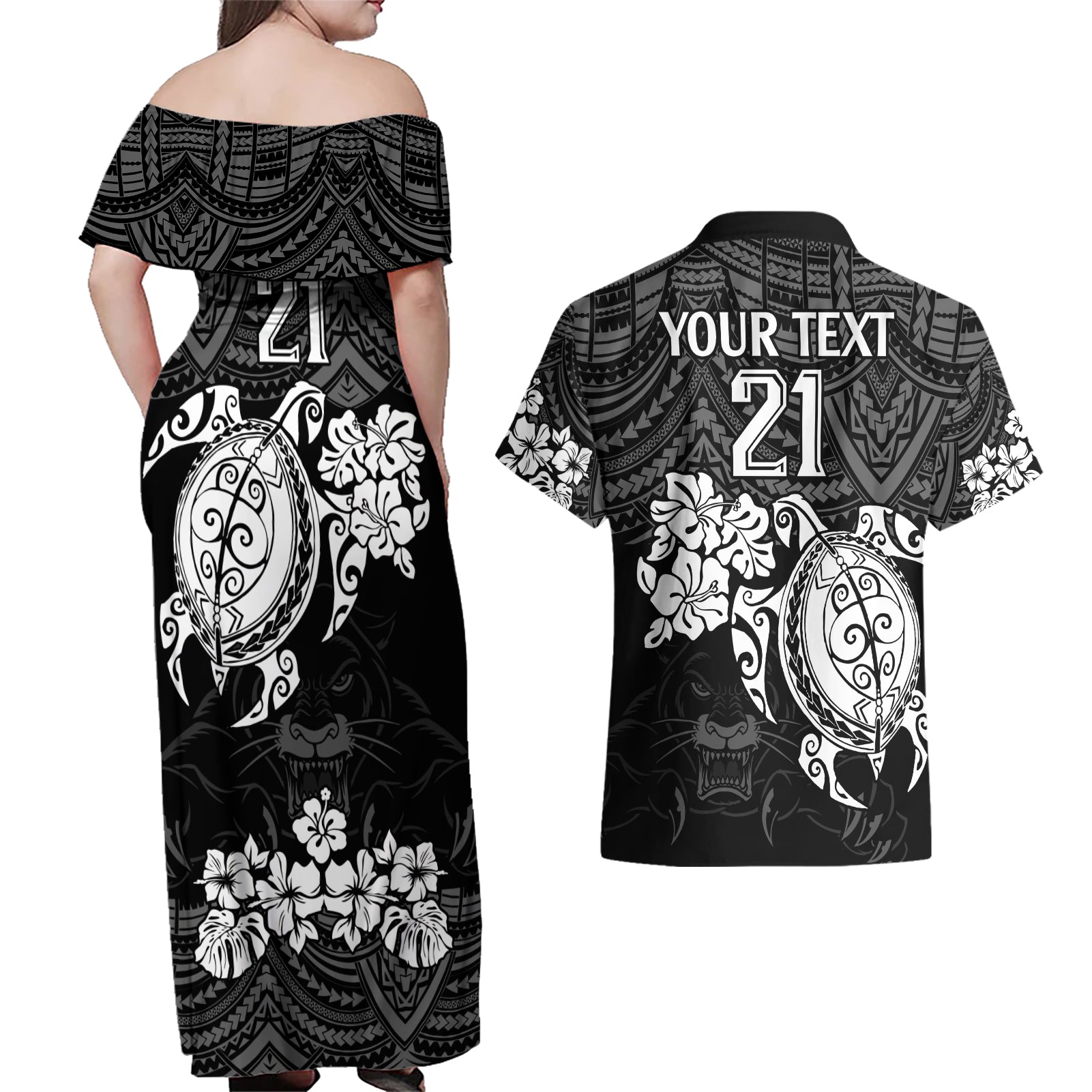 custom-panthers-rugby-couples-matching-off-shoulder-maxi-dress-and-hawaiian-shirt-penrith-hibiscus-and-turtle-with-polynesian-pattern