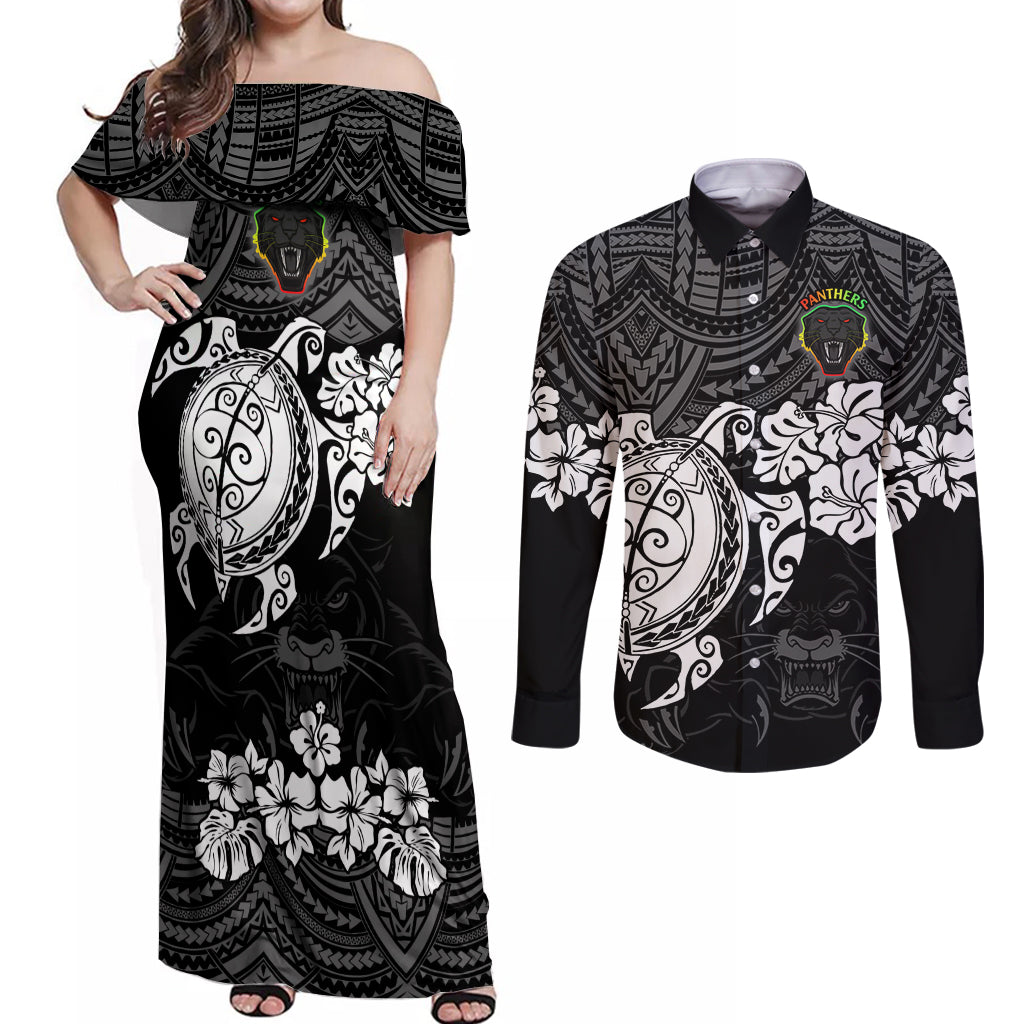 custom-panthers-rugby-couples-matching-off-shoulder-maxi-dress-and-long-sleeve-button-shirt-penrith-hibiscus-and-turtle-with-polynesian-pattern