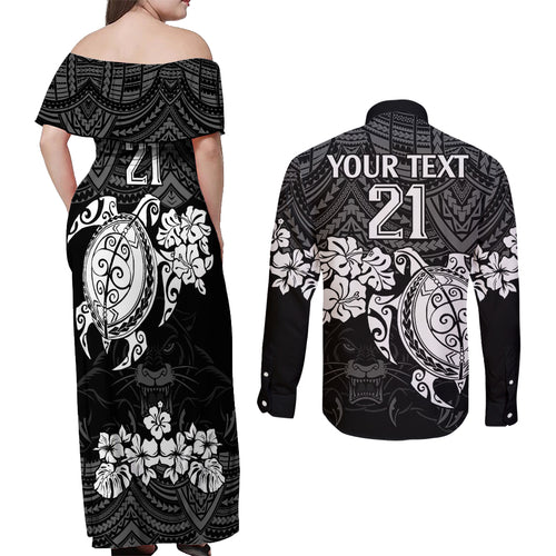 custom-panthers-rugby-couples-matching-off-shoulder-maxi-dress-and-long-sleeve-button-shirt-penrith-hibiscus-and-turtle-with-polynesian-pattern