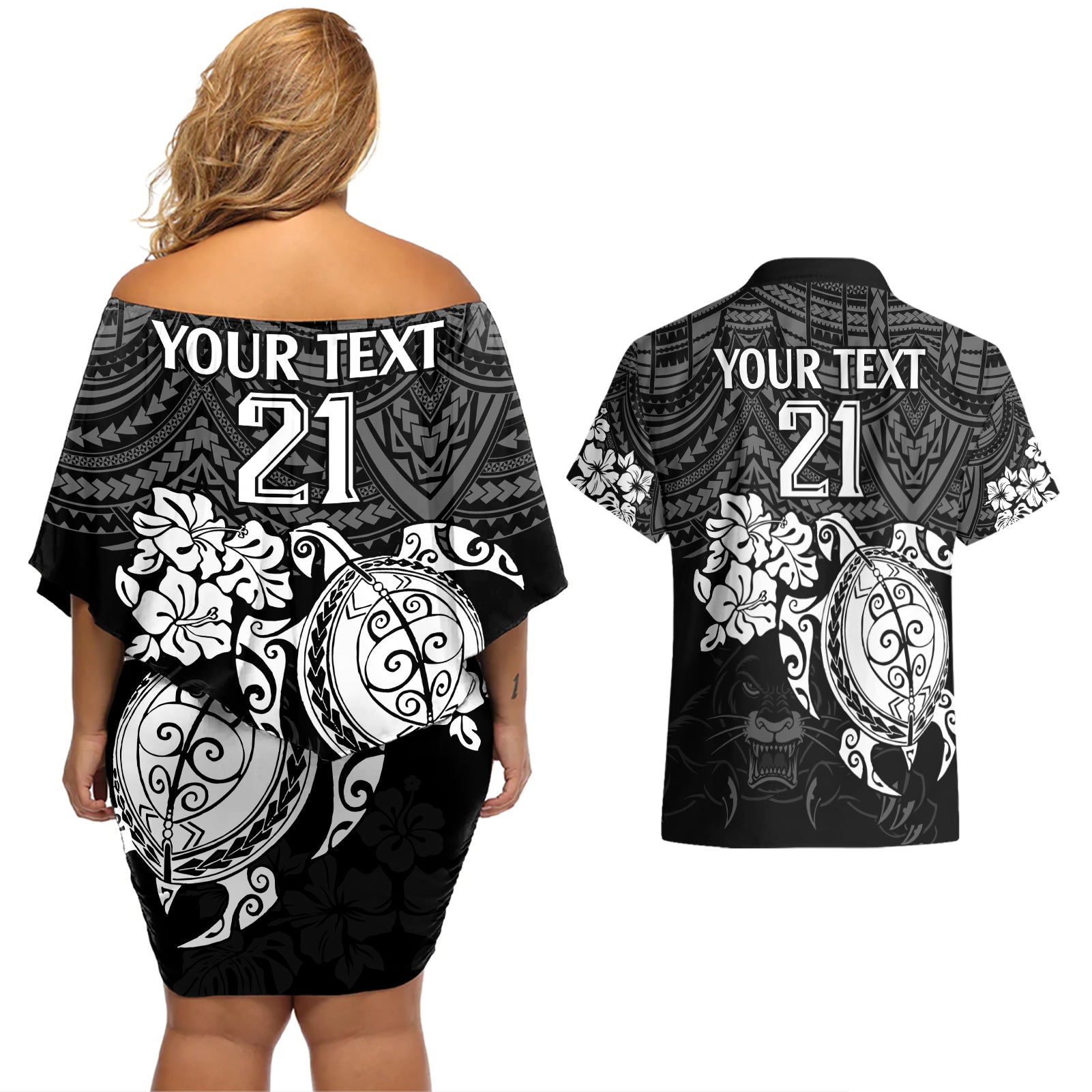 custom-panthers-rugby-couples-matching-off-shoulder-short-dress-and-hawaiian-shirt-penrith-hibiscus-and-turtle-with-polynesian-pattern