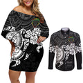 custom-panthers-rugby-couples-matching-off-shoulder-short-dress-and-long-sleeve-button-shirt-penrith-hibiscus-and-turtle-with-polynesian-pattern