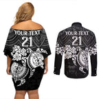 custom-panthers-rugby-couples-matching-off-shoulder-short-dress-and-long-sleeve-button-shirt-penrith-hibiscus-and-turtle-with-polynesian-pattern