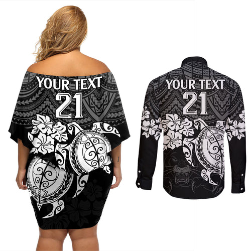 custom-panthers-rugby-couples-matching-off-shoulder-short-dress-and-long-sleeve-button-shirt-penrith-hibiscus-and-turtle-with-polynesian-pattern