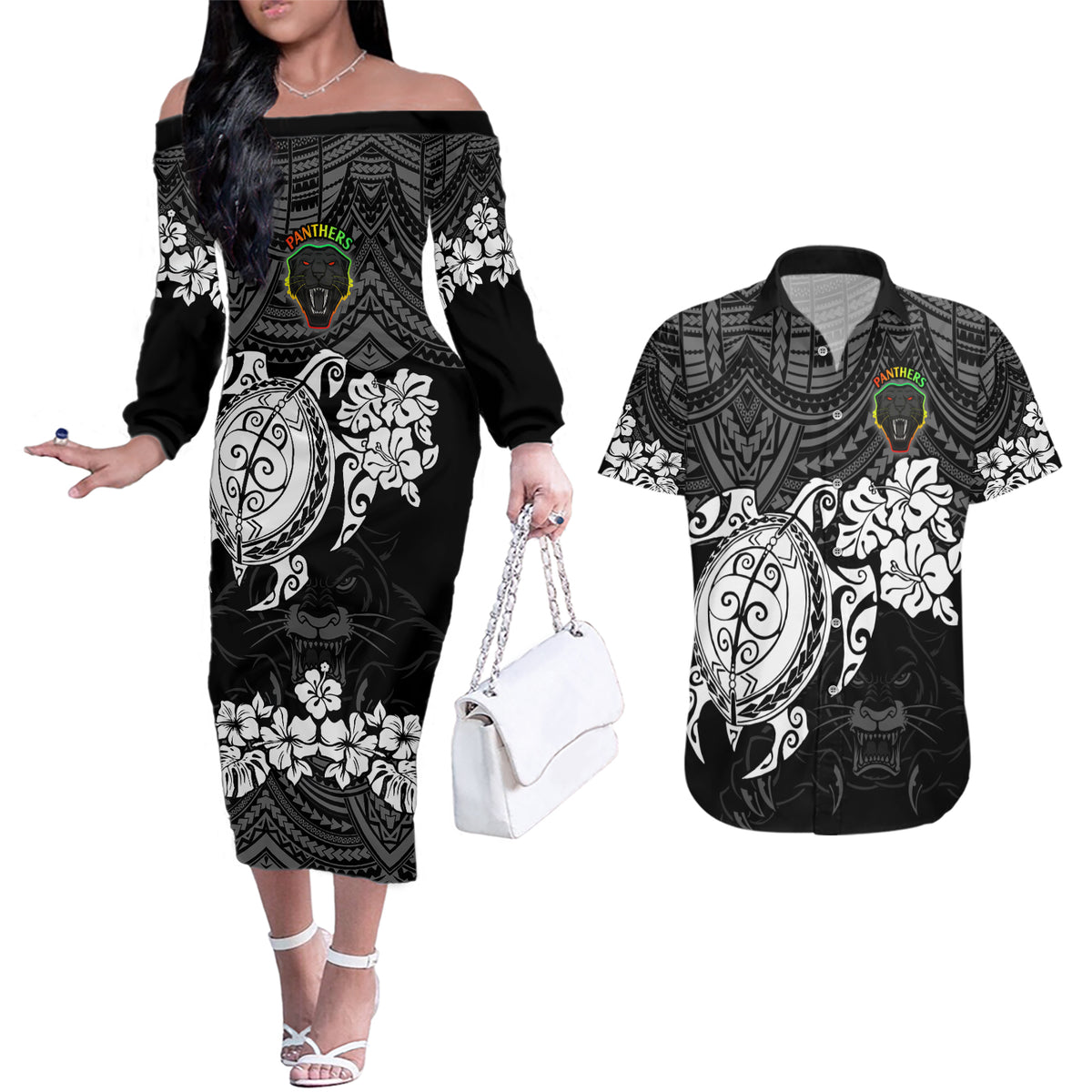 custom-panthers-rugby-couples-matching-off-the-shoulder-long-sleeve-dress-and-hawaiian-shirt-penrith-hibiscus-and-turtle-with-polynesian-pattern
