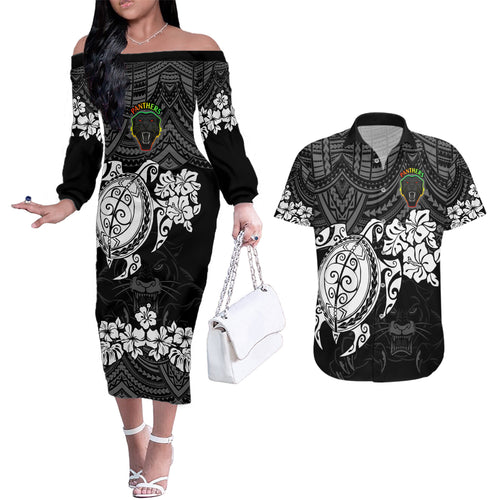 custom-panthers-rugby-couples-matching-off-the-shoulder-long-sleeve-dress-and-hawaiian-shirt-penrith-hibiscus-and-turtle-with-polynesian-pattern