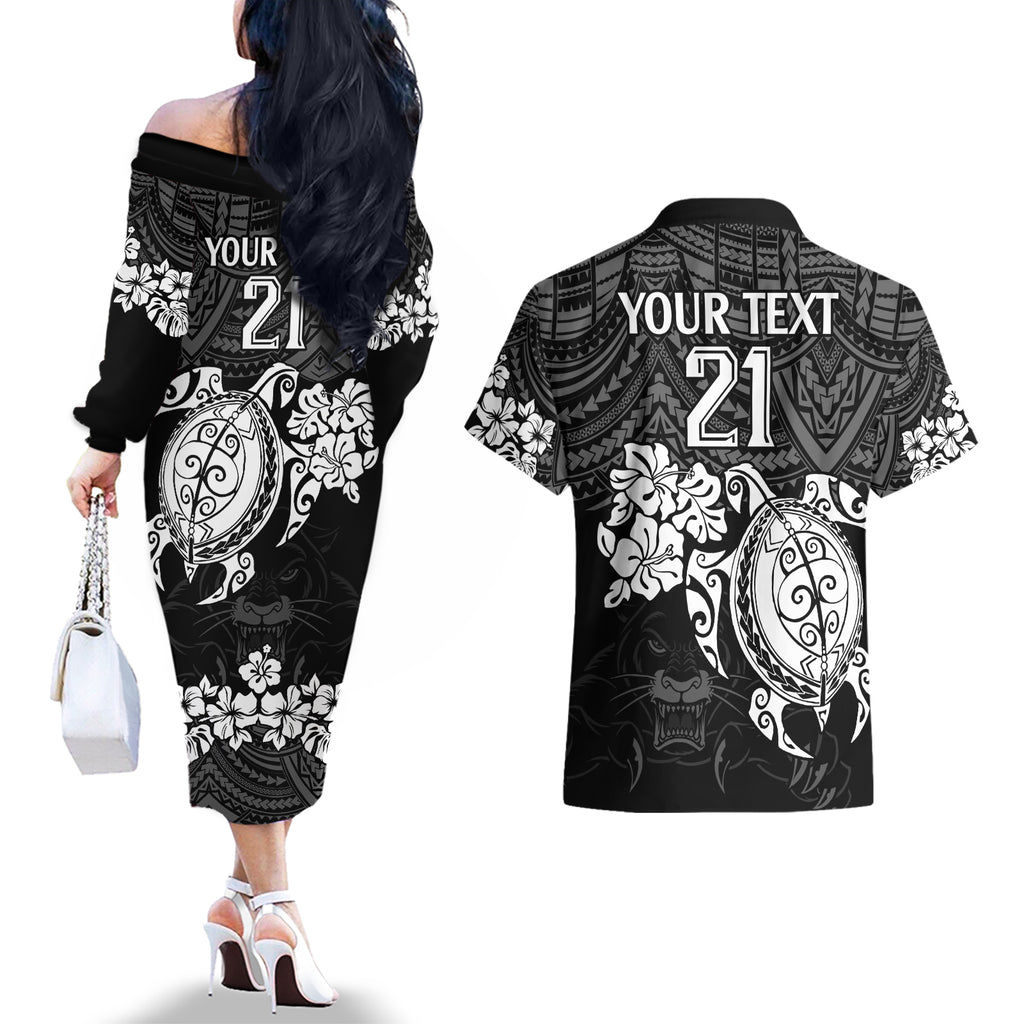 custom-panthers-rugby-couples-matching-off-the-shoulder-long-sleeve-dress-and-hawaiian-shirt-penrith-hibiscus-and-turtle-with-polynesian-pattern