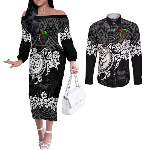 custom-panthers-rugby-couples-matching-off-the-shoulder-long-sleeve-dress-and-long-sleeve-button-shirt-penrith-hibiscus-and-turtle-with-polynesian-pattern