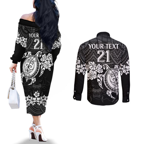 custom-panthers-rugby-couples-matching-off-the-shoulder-long-sleeve-dress-and-long-sleeve-button-shirt-penrith-hibiscus-and-turtle-with-polynesian-pattern