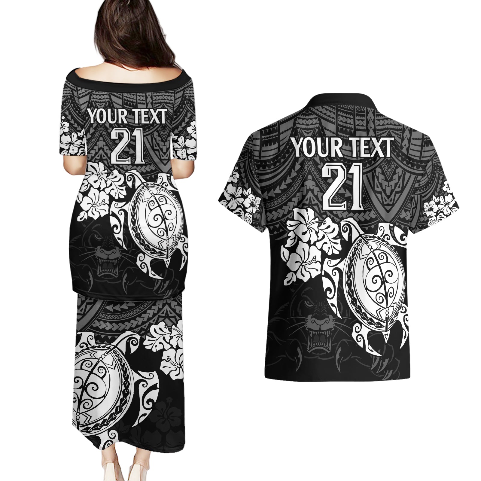 custom-panthers-rugby-couples-matching-puletasi-dress-and-hawaiian-shirt-penrith-hibiscus-and-turtle-with-polynesian-pattern