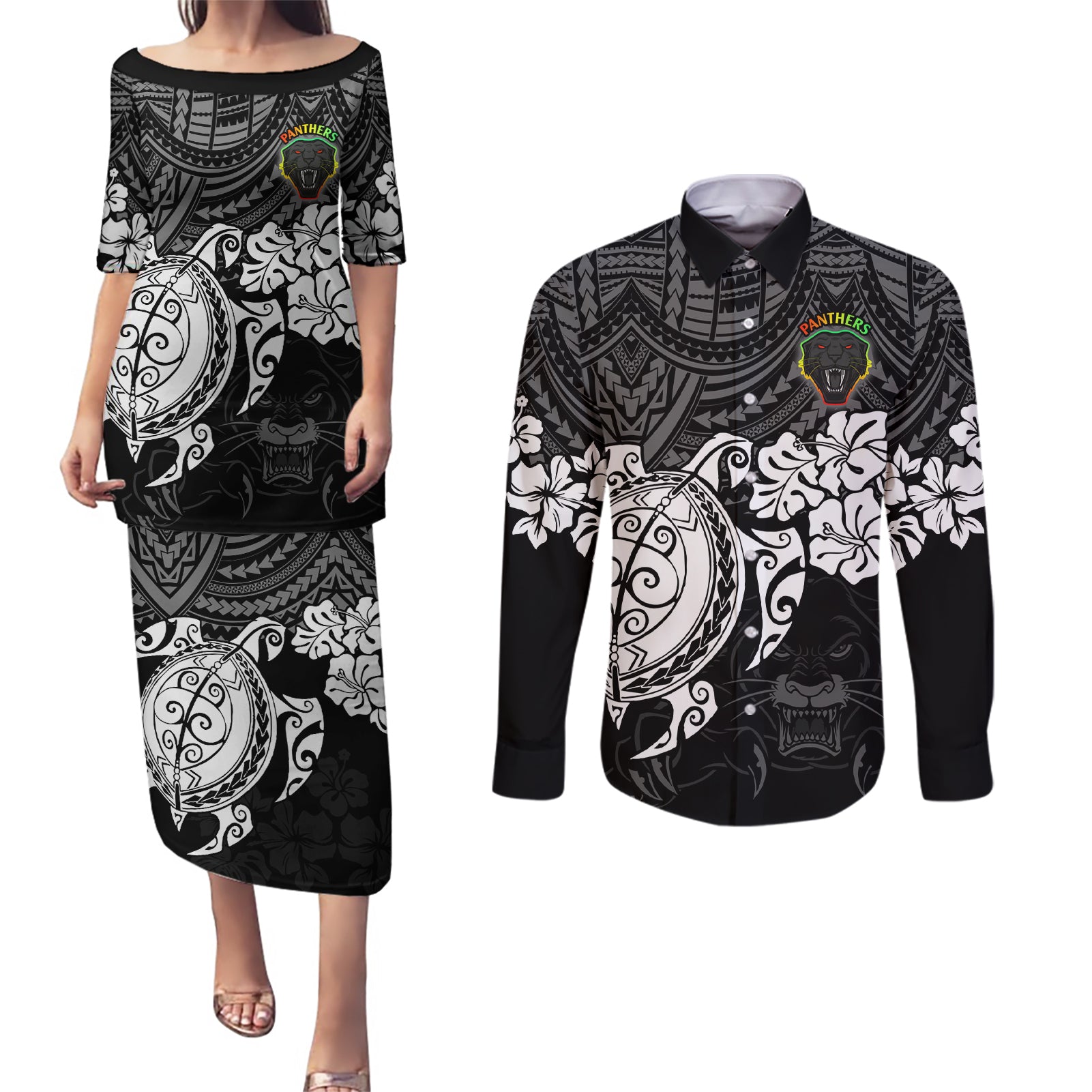custom-panthers-rugby-couples-matching-puletasi-dress-and-long-sleeve-button-shirt-penrith-hibiscus-and-turtle-with-polynesian-pattern