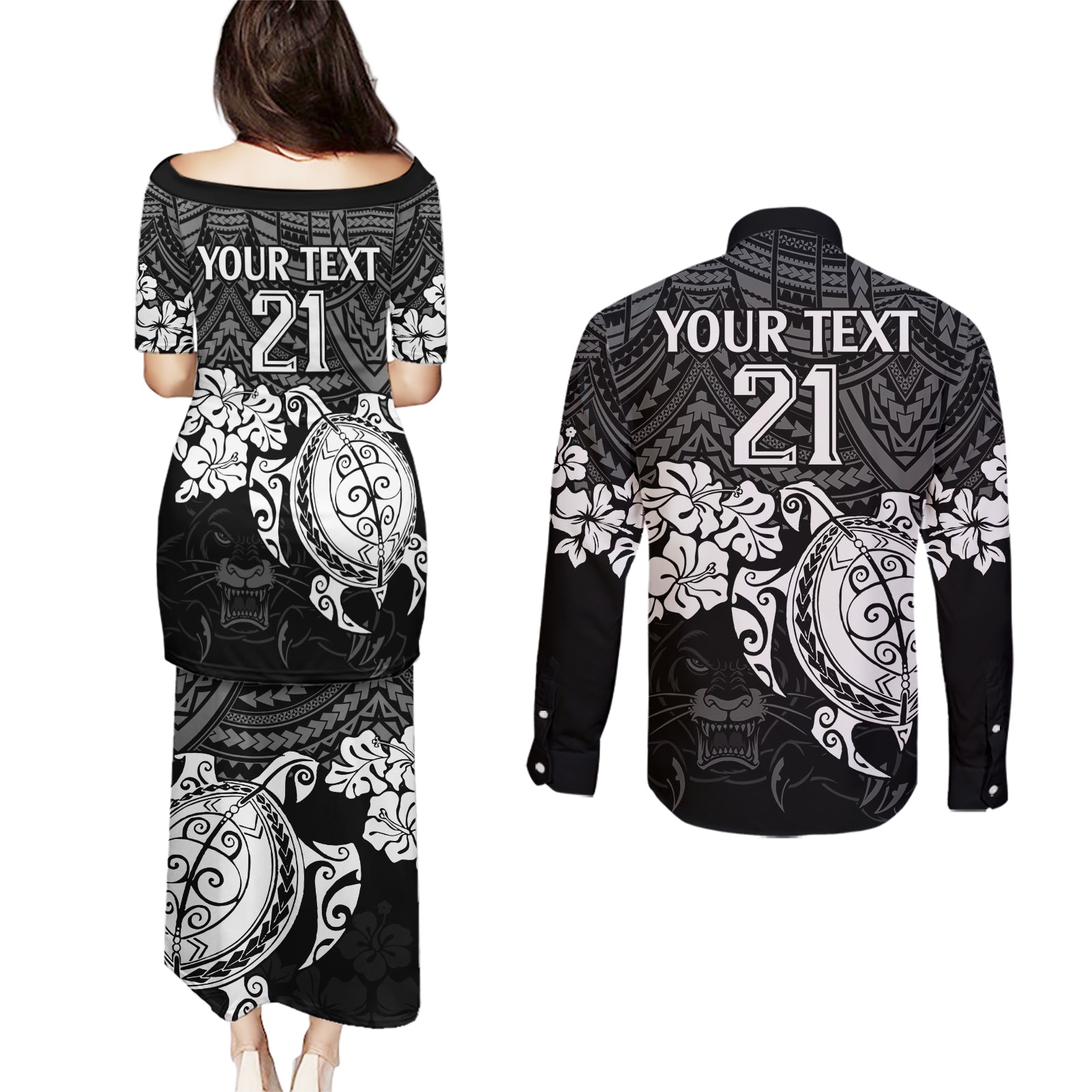 custom-panthers-rugby-couples-matching-puletasi-dress-and-long-sleeve-button-shirt-penrith-hibiscus-and-turtle-with-polynesian-pattern