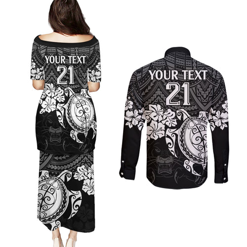 custom-panthers-rugby-couples-matching-puletasi-dress-and-long-sleeve-button-shirt-penrith-hibiscus-and-turtle-with-polynesian-pattern