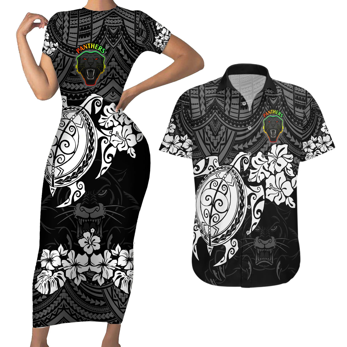 custom-panthers-rugby-couples-matching-short-sleeve-bodycon-dress-and-hawaiian-shirt-penrith-hibiscus-and-turtle-with-polynesian-pattern
