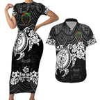 custom-panthers-rugby-couples-matching-short-sleeve-bodycon-dress-and-hawaiian-shirt-penrith-hibiscus-and-turtle-with-polynesian-pattern