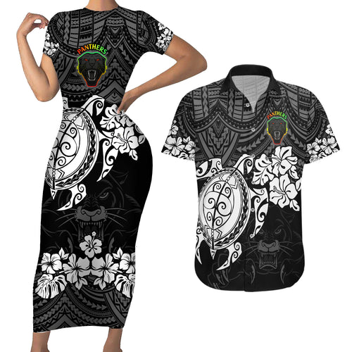 custom-panthers-rugby-couples-matching-short-sleeve-bodycon-dress-and-hawaiian-shirt-penrith-hibiscus-and-turtle-with-polynesian-pattern