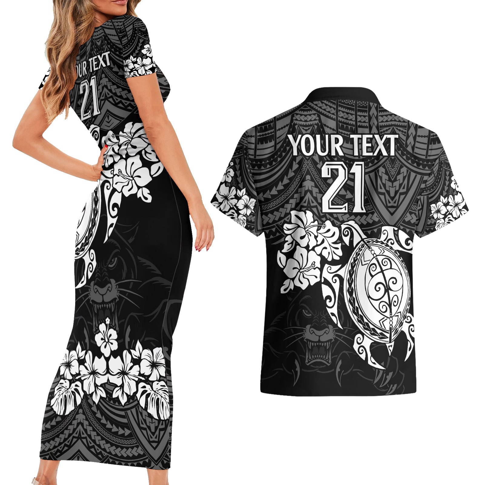 custom-panthers-rugby-couples-matching-short-sleeve-bodycon-dress-and-hawaiian-shirt-penrith-hibiscus-and-turtle-with-polynesian-pattern