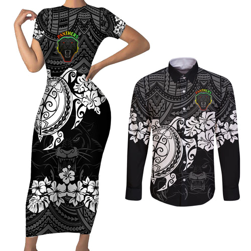 custom-panthers-rugby-couples-matching-short-sleeve-bodycon-dress-and-long-sleeve-button-shirt-penrith-hibiscus-and-turtle-with-polynesian-pattern