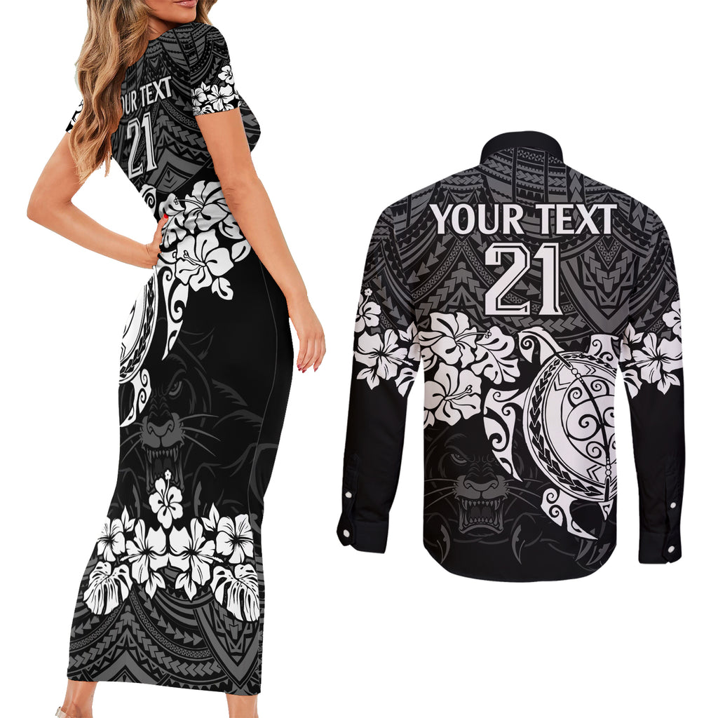 custom-panthers-rugby-couples-matching-short-sleeve-bodycon-dress-and-long-sleeve-button-shirt-penrith-hibiscus-and-turtle-with-polynesian-pattern