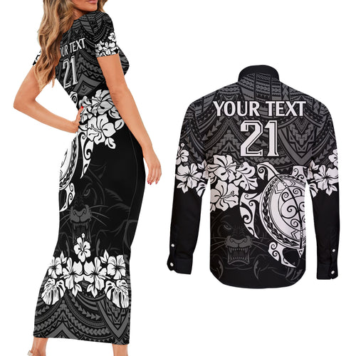 custom-panthers-rugby-couples-matching-short-sleeve-bodycon-dress-and-long-sleeve-button-shirt-penrith-hibiscus-and-turtle-with-polynesian-pattern