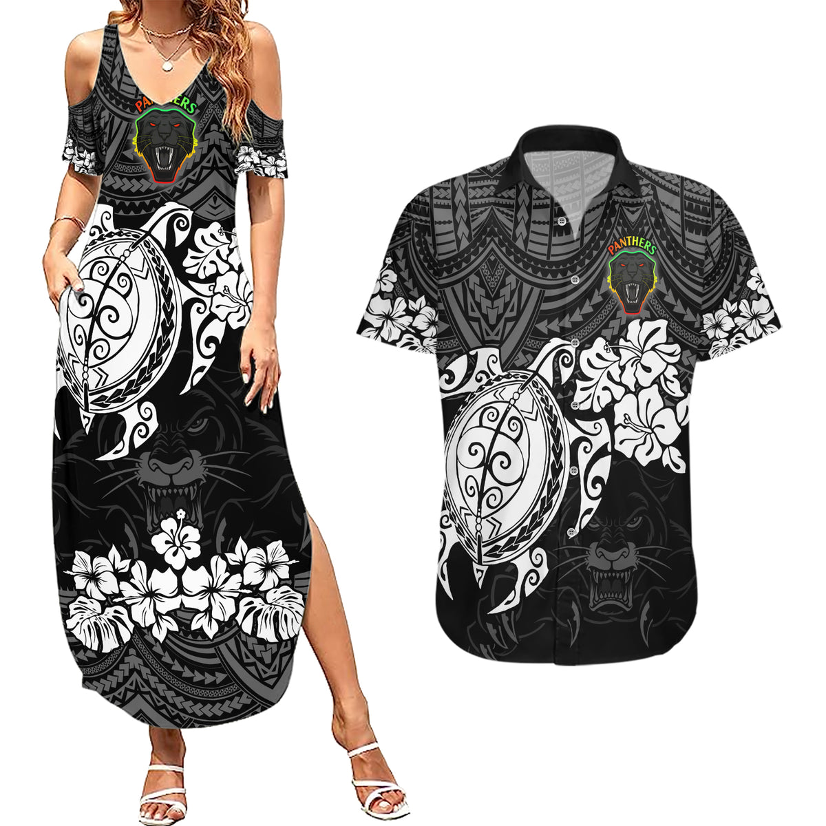 custom-panthers-rugby-couples-matching-summer-maxi-dress-and-hawaiian-shirt-penrith-hibiscus-and-turtle-with-polynesian-pattern
