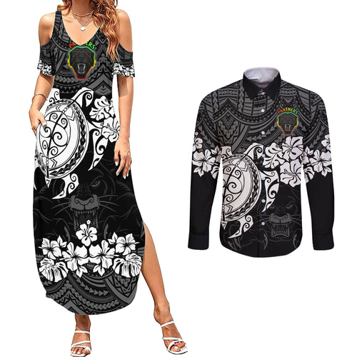 custom-panthers-rugby-couples-matching-summer-maxi-dress-and-long-sleeve-button-shirt-penrith-hibiscus-and-turtle-with-polynesian-pattern