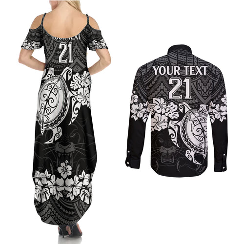 custom-panthers-rugby-couples-matching-summer-maxi-dress-and-long-sleeve-button-shirt-penrith-hibiscus-and-turtle-with-polynesian-pattern