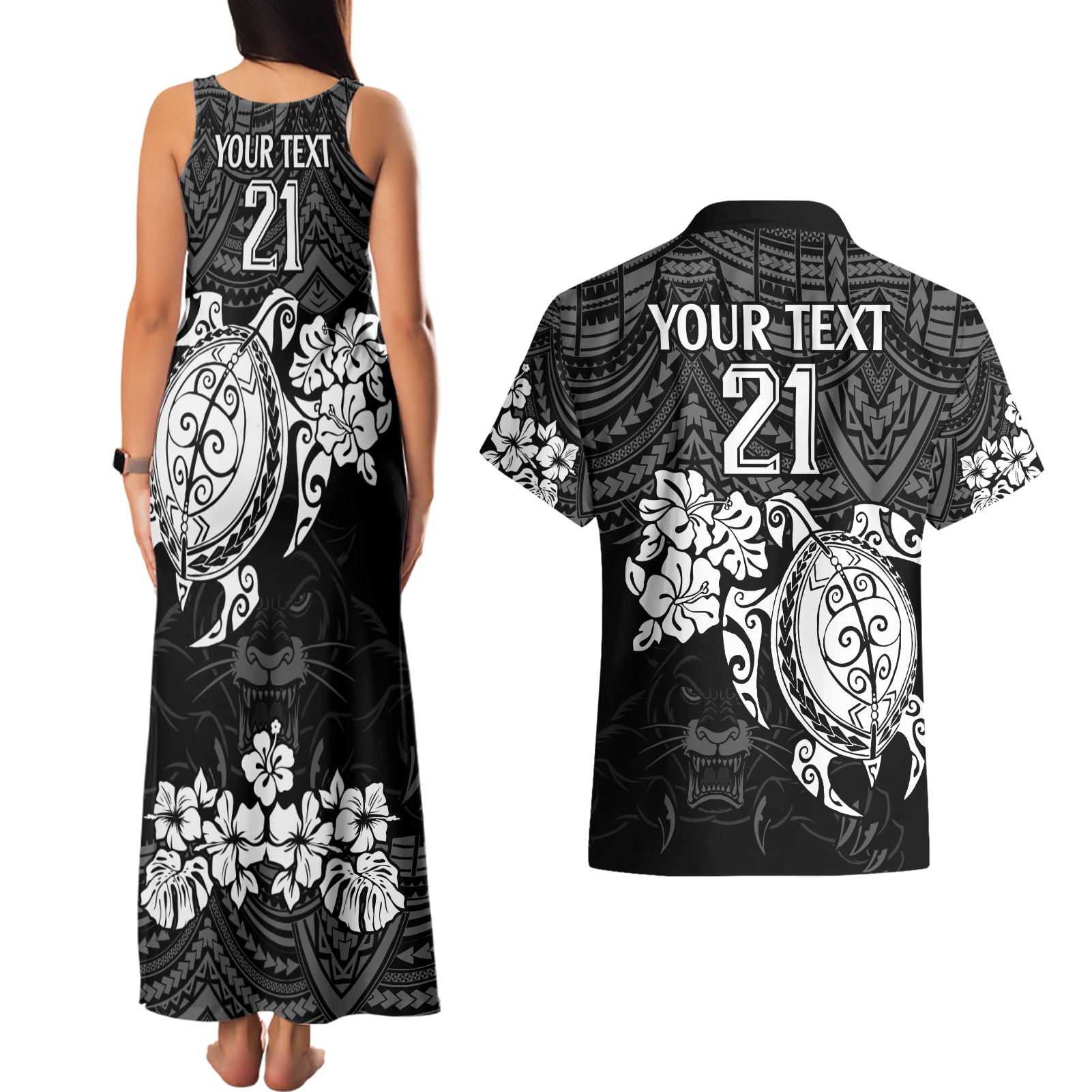 custom-panthers-rugby-couples-matching-tank-maxi-dress-and-hawaiian-shirt-penrith-hibiscus-and-turtle-with-polynesian-pattern