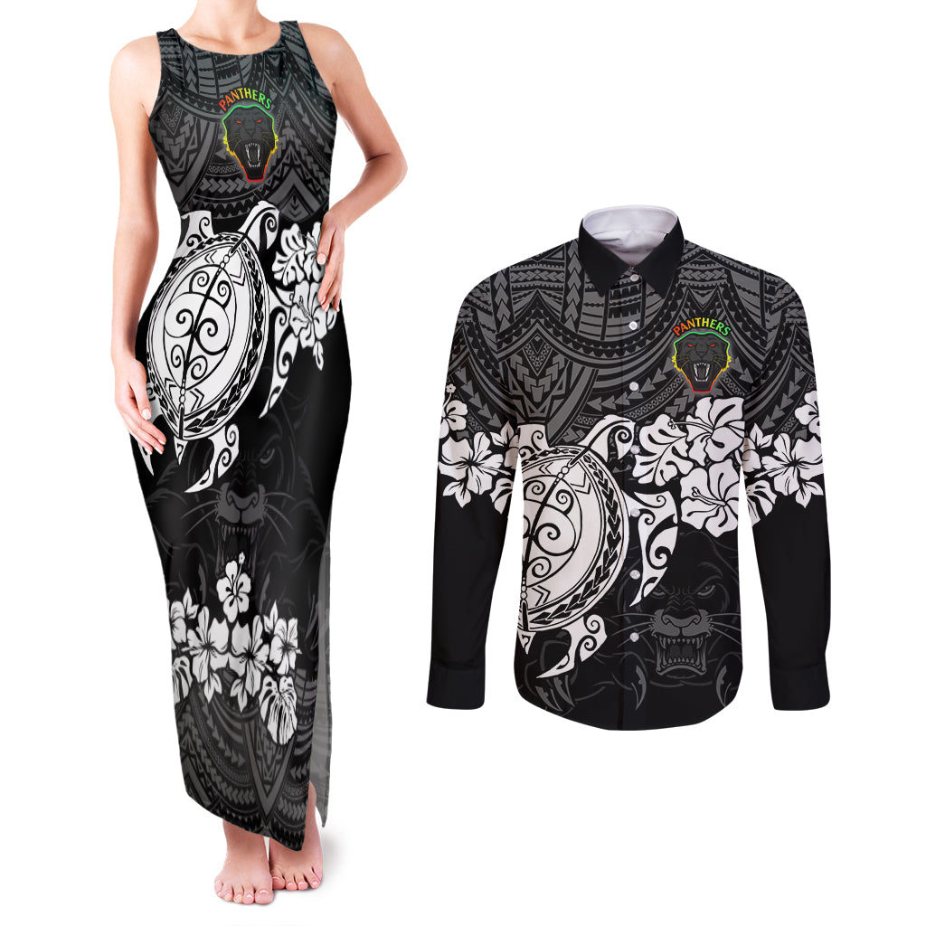 custom-panthers-rugby-couples-matching-tank-maxi-dress-and-long-sleeve-button-shirt-penrith-hibiscus-and-turtle-with-polynesian-pattern