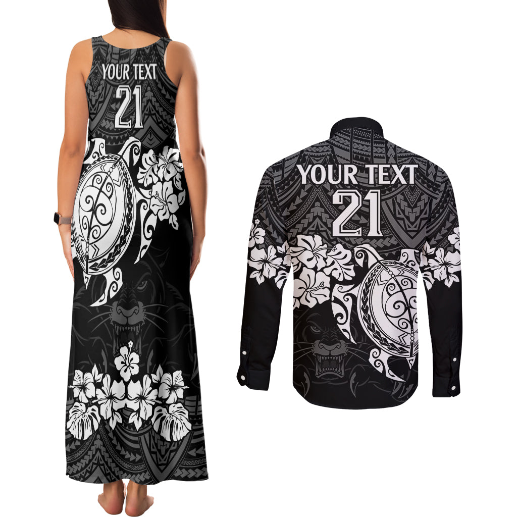 custom-panthers-rugby-couples-matching-tank-maxi-dress-and-long-sleeve-button-shirt-penrith-hibiscus-and-turtle-with-polynesian-pattern