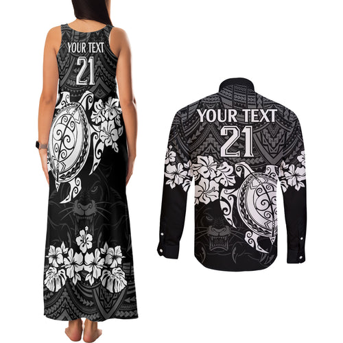 custom-panthers-rugby-couples-matching-tank-maxi-dress-and-long-sleeve-button-shirt-penrith-hibiscus-and-turtle-with-polynesian-pattern