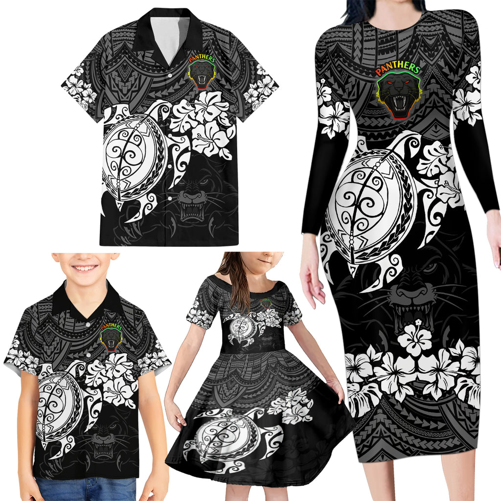 custom-panthers-rugby-family-matching-long-sleeve-bodycon-dress-and-hawaiian-shirt-penrith-hibiscus-and-turtle-with-polynesian-pattern