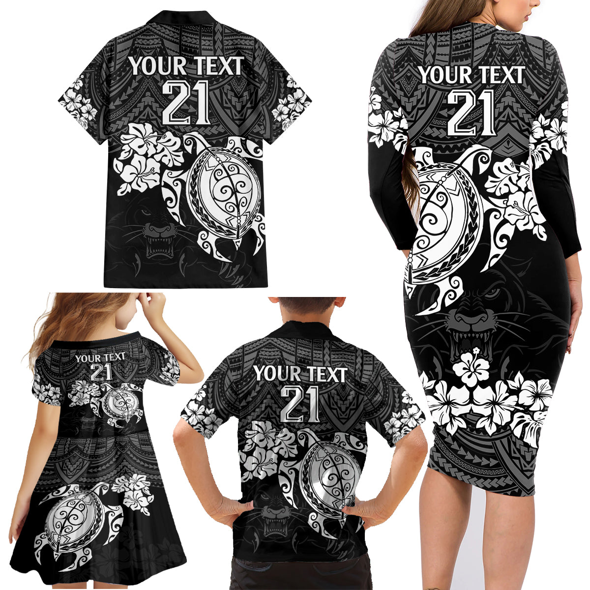 custom-panthers-rugby-family-matching-long-sleeve-bodycon-dress-and-hawaiian-shirt-penrith-hibiscus-and-turtle-with-polynesian-pattern