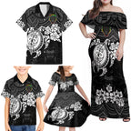 custom-panthers-rugby-family-matching-off-shoulder-maxi-dress-and-hawaiian-shirt-penrith-hibiscus-and-turtle-with-polynesian-pattern