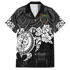 custom-panthers-rugby-family-matching-off-shoulder-short-dress-and-hawaiian-shirt-penrith-hibiscus-and-turtle-with-polynesian-pattern