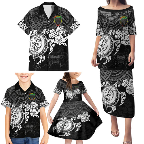 custom-panthers-rugby-family-matching-puletasi-dress-and-hawaiian-shirt-penrith-hibiscus-and-turtle-with-polynesian-pattern